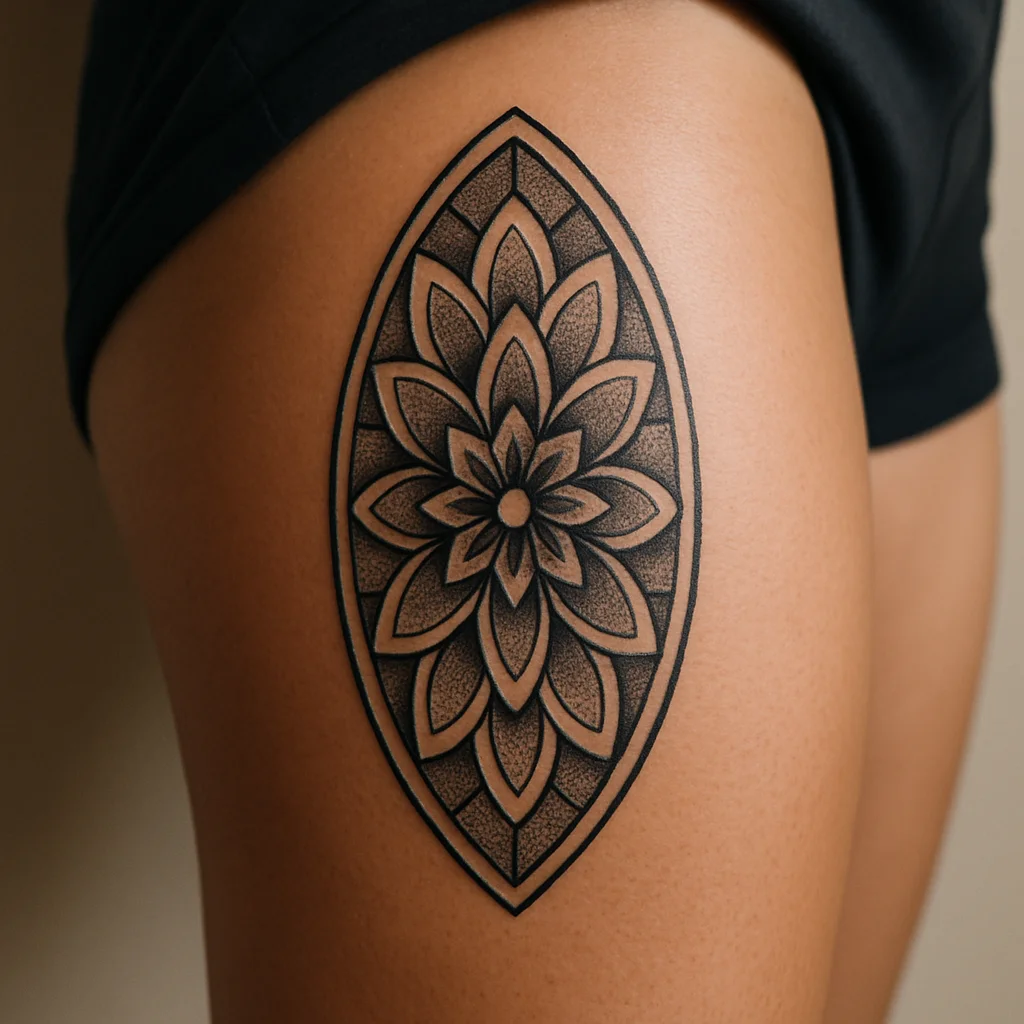Geometric oval mandala tattoo with dotwork shading on the mid inner thigh