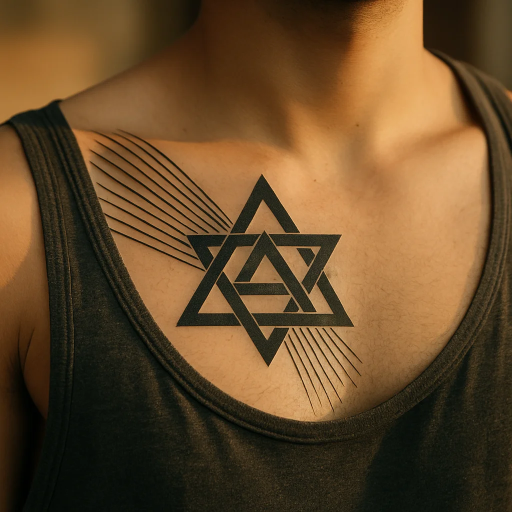 Geometric plate of triangles and lines fanning from the shoulder onto the chest