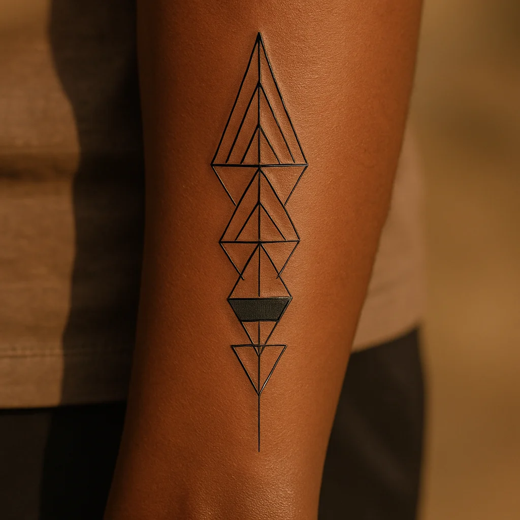 Geometric spire of nested triangles and a shaded band up the outer forearm