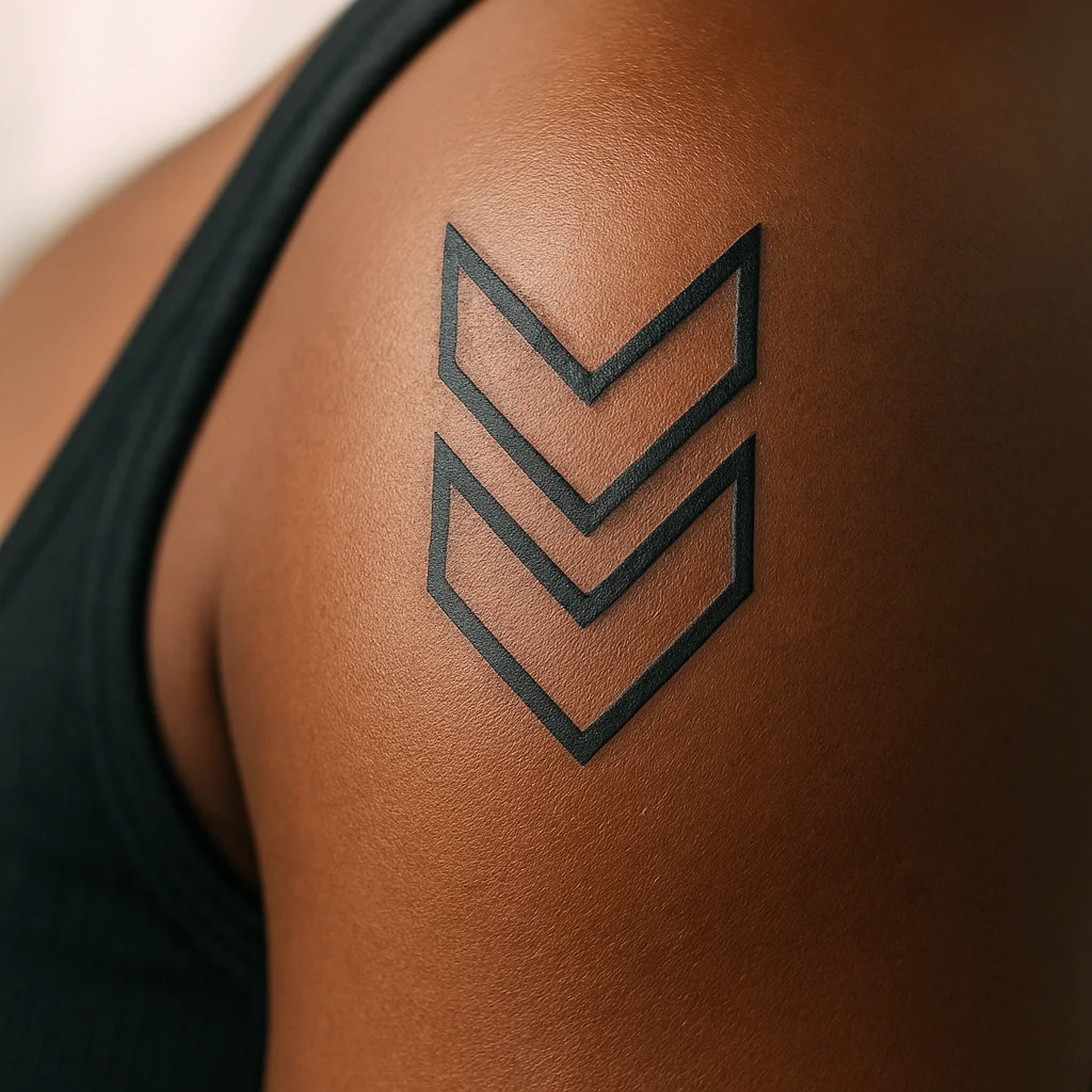 Geometric stacked chevron arrows pointing down the shoulder seam