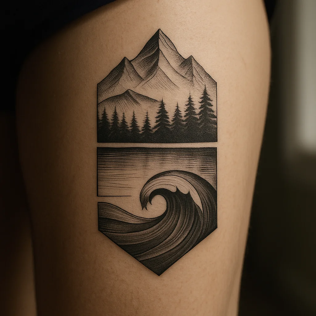 Geometric stacked mountain, pine, lake and wave landscape band tattoo on the outer thigh