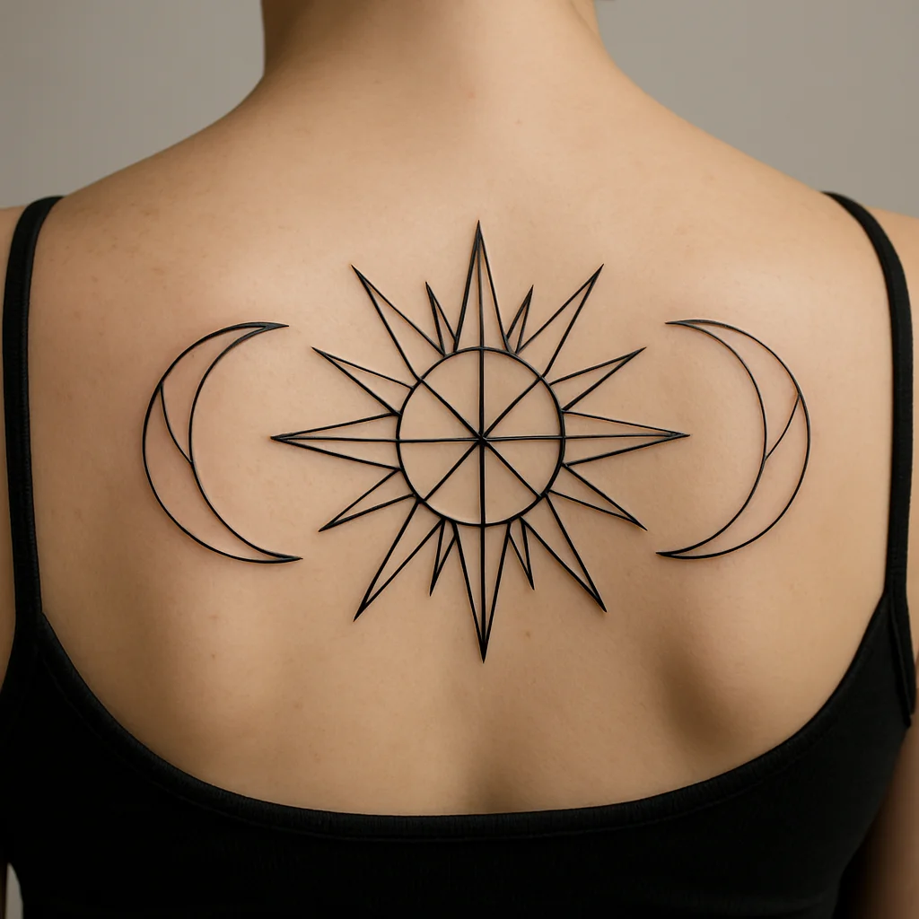 Geometric sun and crescent moon tattoos mirrored across both shoulder blades