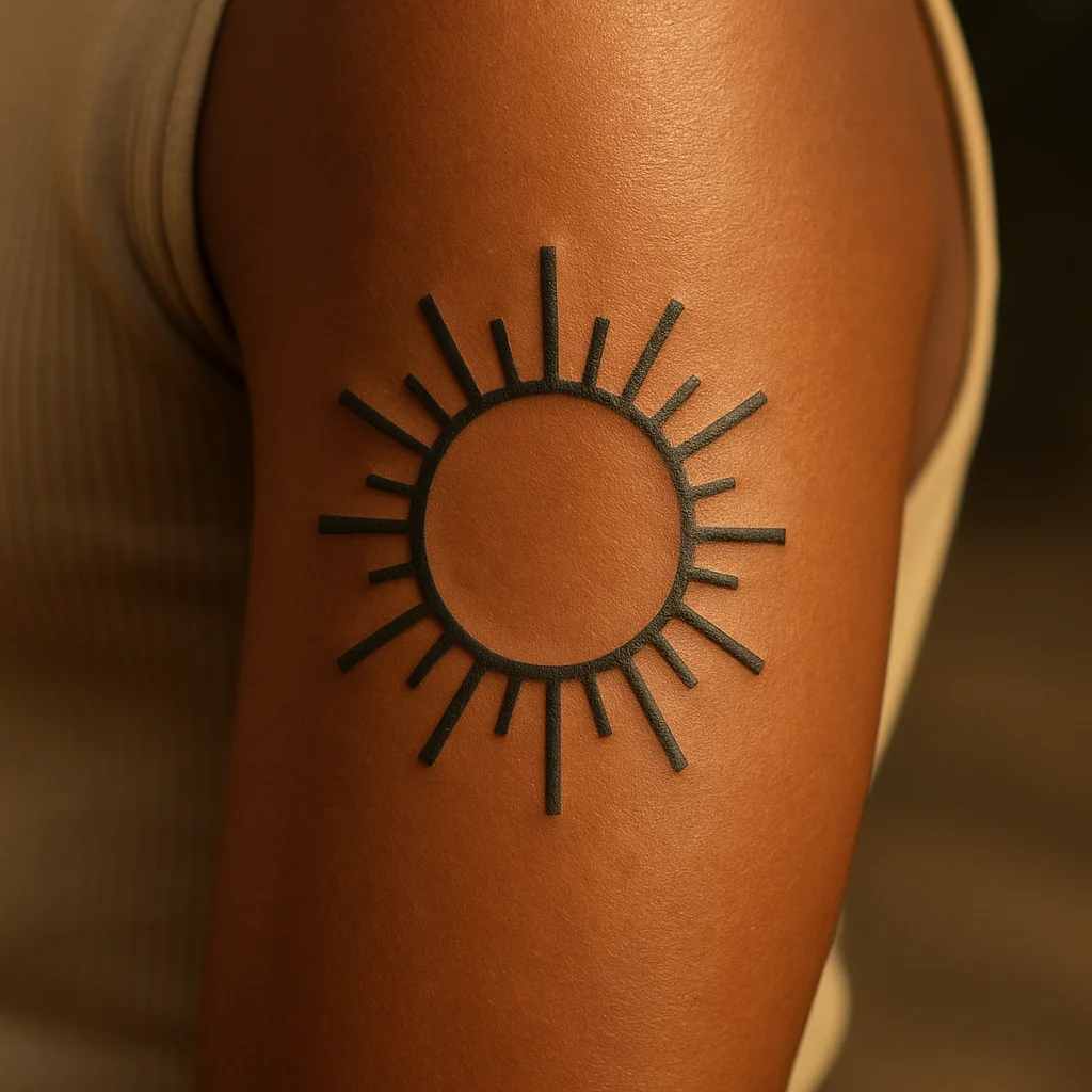 Geometric sun with evenly spaced straight rays tattooed on the upper arm