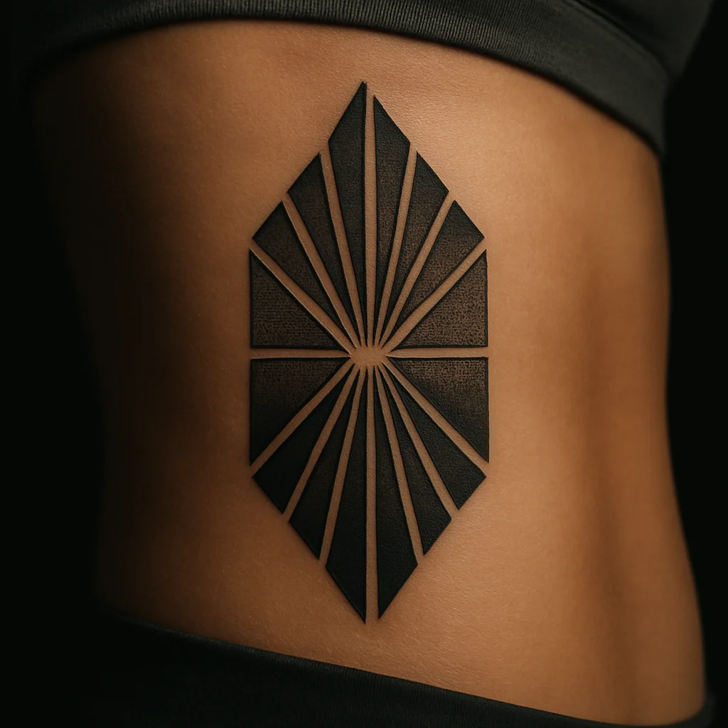 Geometric tapered line and dotwork panel running along the side of the ribcage