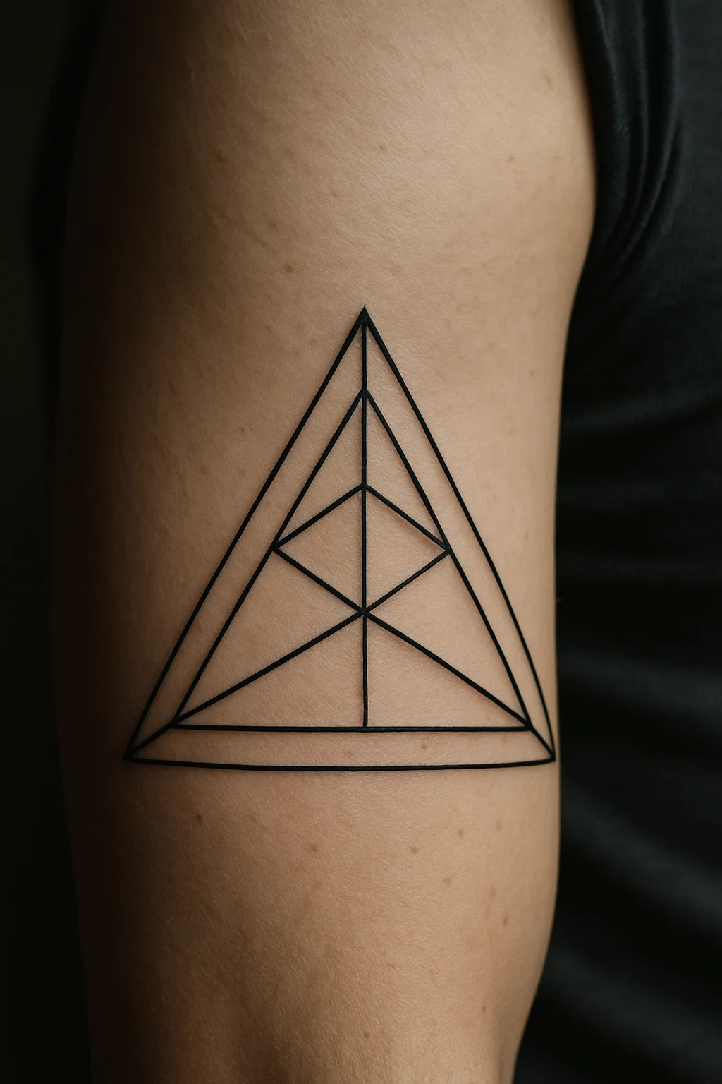 Geometric unshaded triangle tattoo on the upper arm, a simple beginner-friendly first design