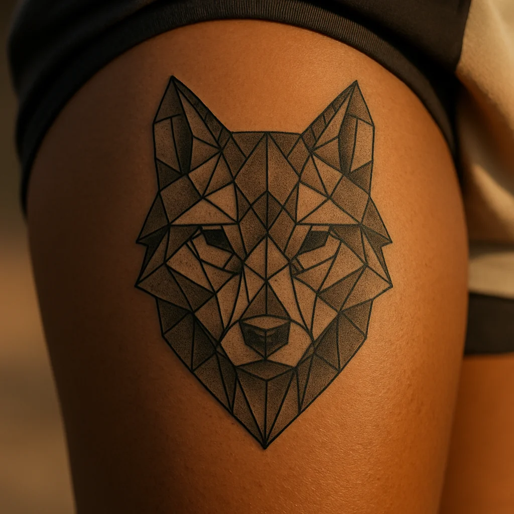 Geometric wolf head with faceted planes and dot shading tattooed on the quad of a man's thigh