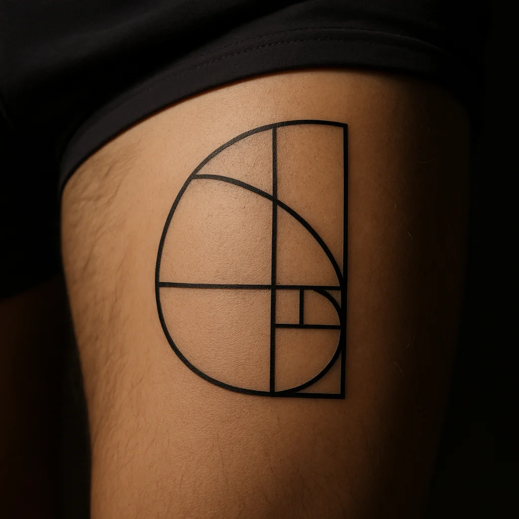 Golden spiral broken into quarter arcs tattooed in geometric style on the thigh