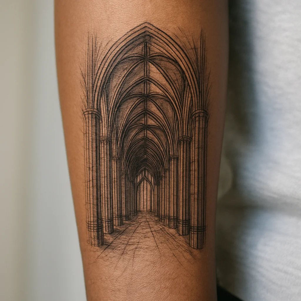 Gothic cathedral arch with ribbed vaulting in black and grey on the outer forearm