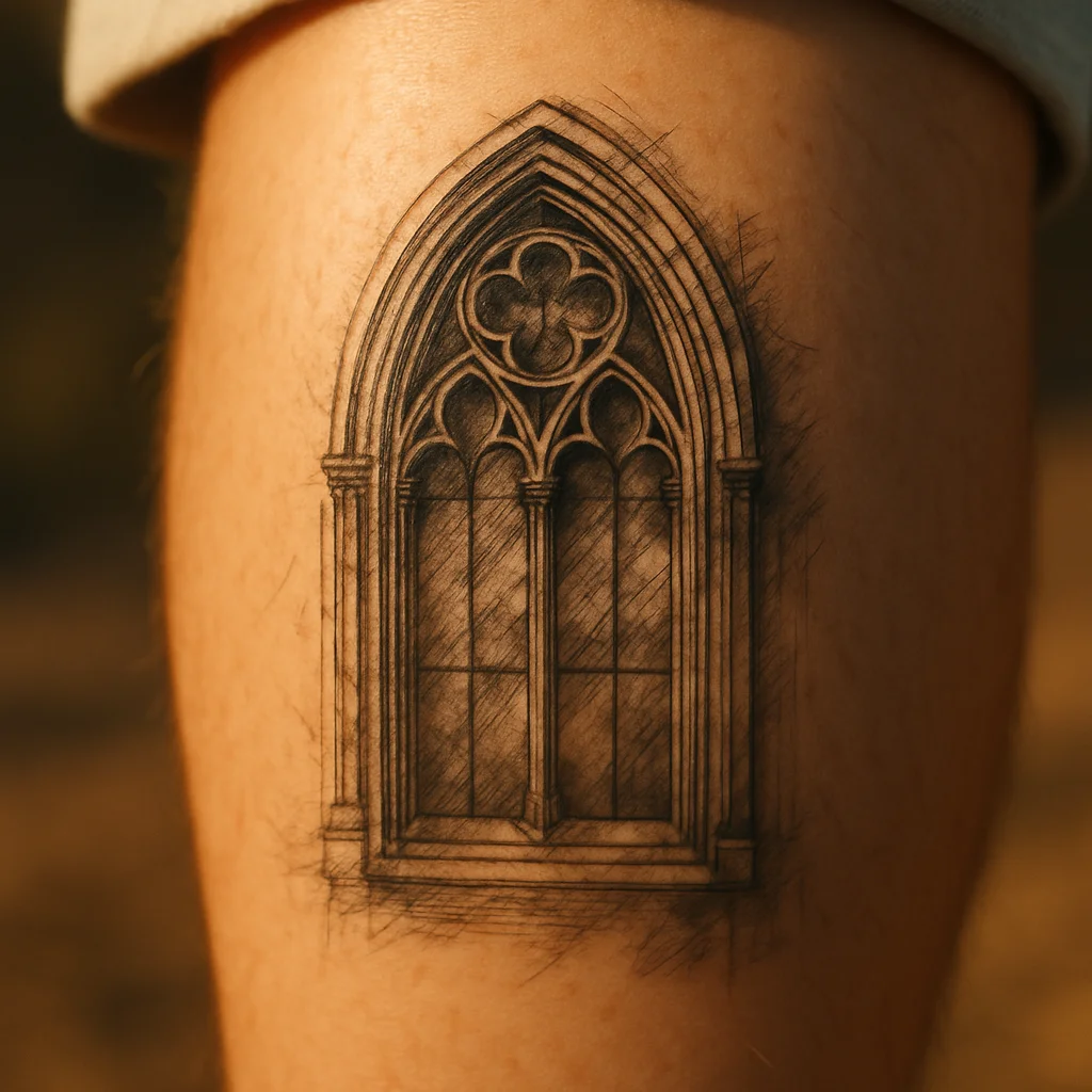 Gothic cathedral window column tattooed vertically on a man's calf