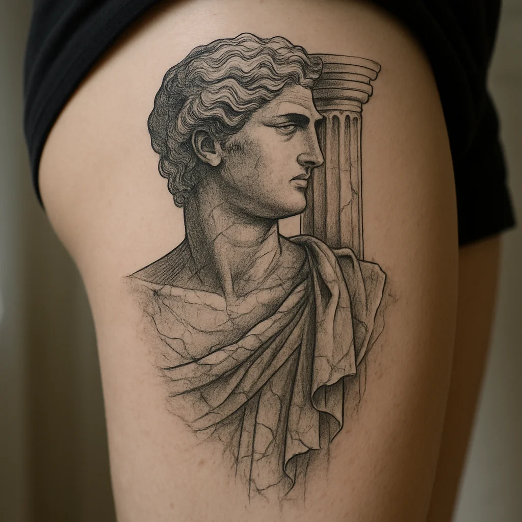Greco-Roman statue and column leg sleeve in smooth grey realism on the thigh