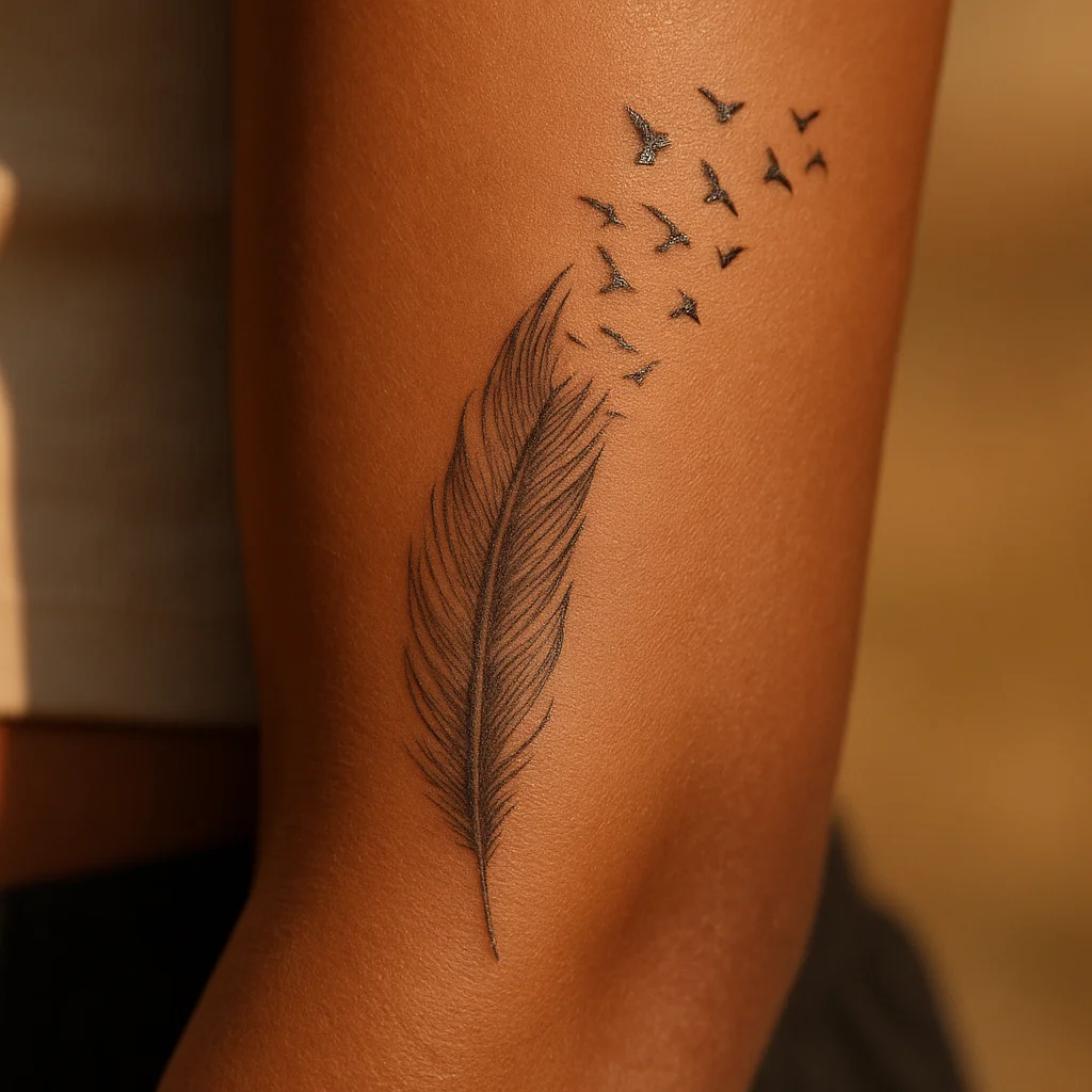 Grey feather breaking into flying birds tattooed along the inner forearm