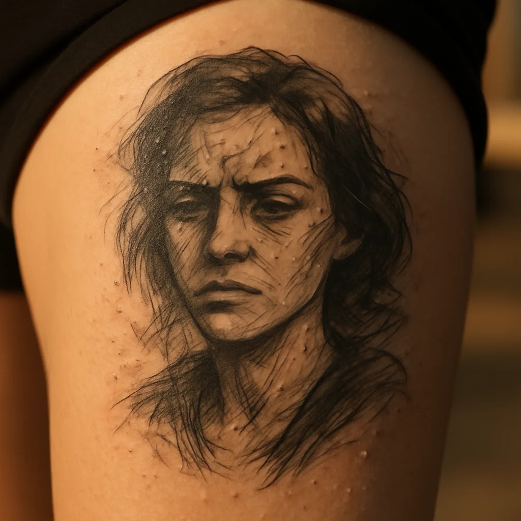 Grey-wash illustrative thigh tattoo with clusters of small raised bumps appearing weeks into healing