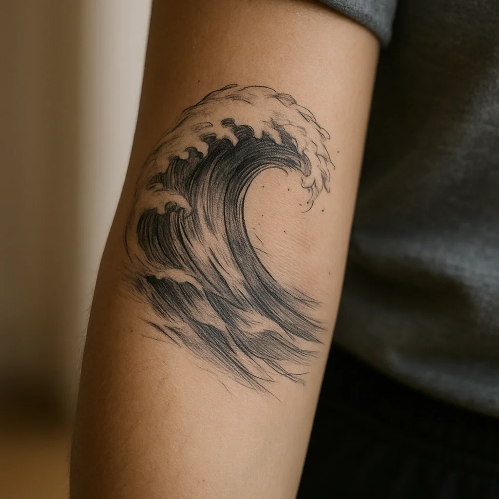 Grey wash ocean wave with negative-space foam wrapping the outer forearm