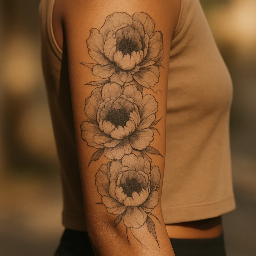 Grey-wash peony column tattoo running from shoulder to forearm in black and grey illustrative style