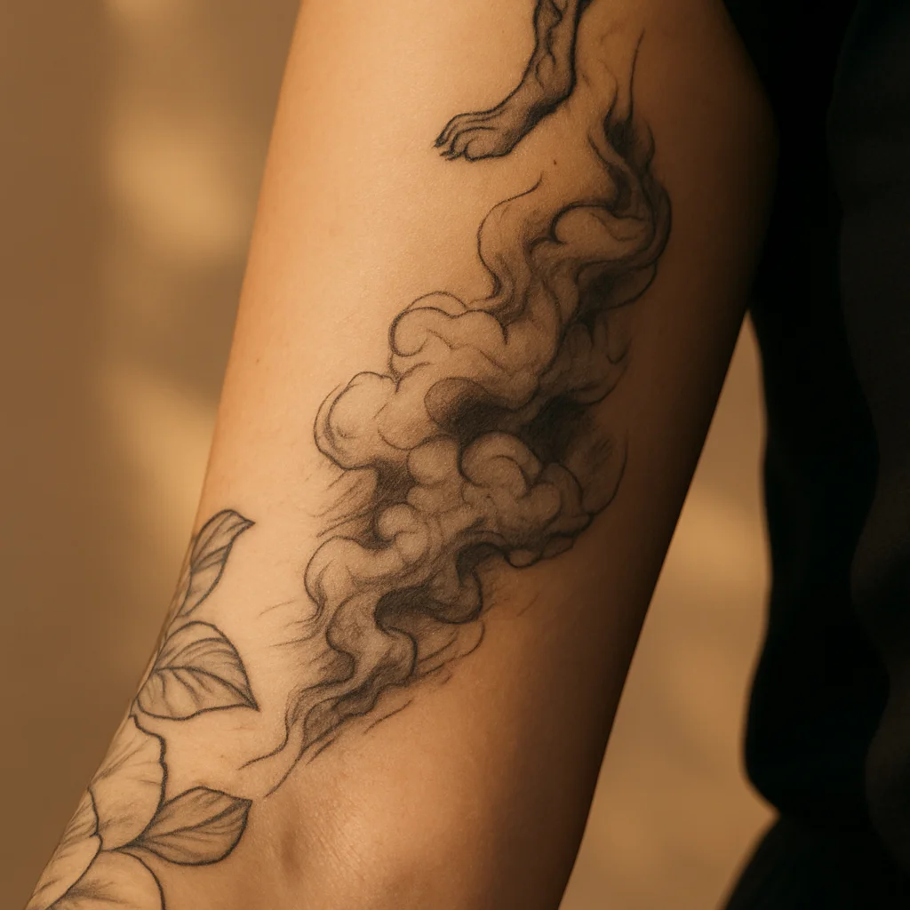 Grey-wash smoke and cloud filler tattoo connecting pieces along a man's inner forearm