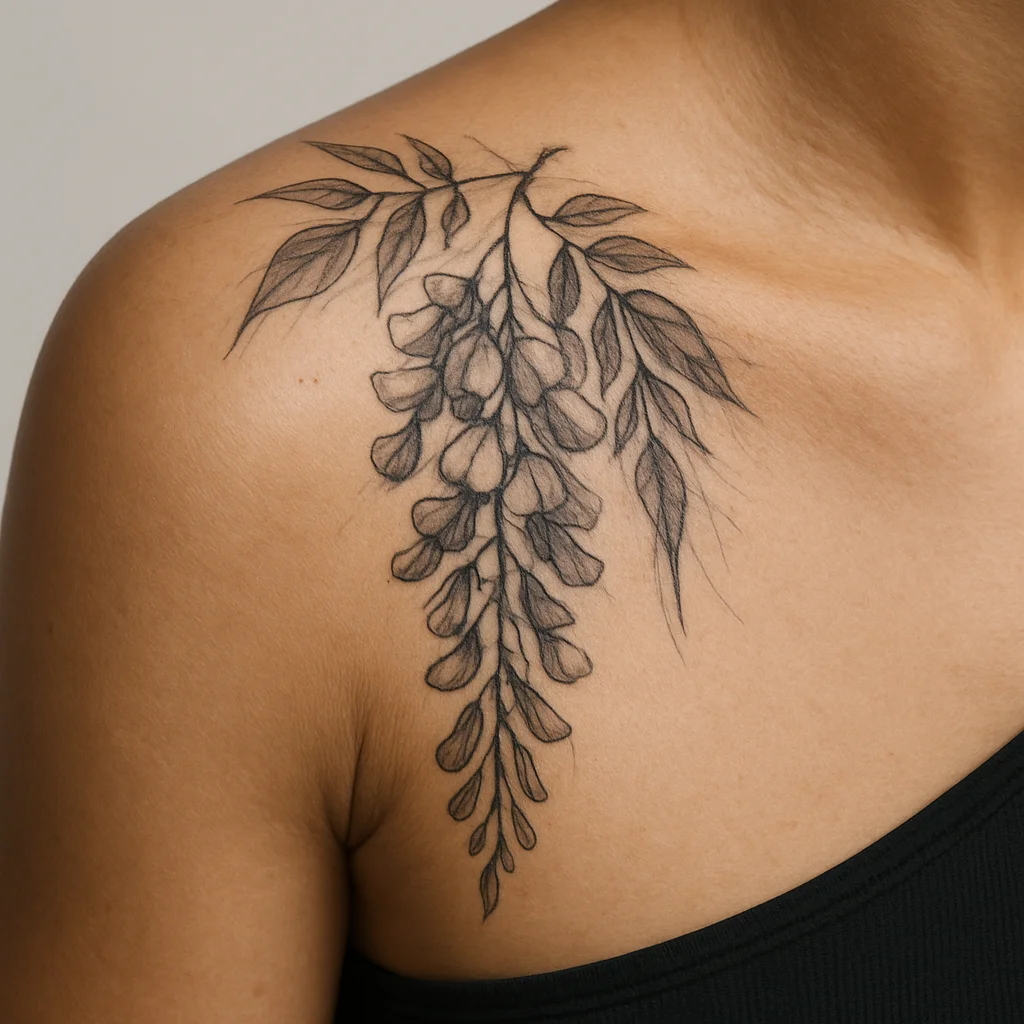 Grey-wash wisteria tattoo dripping from the shoulder cap down the outer arm