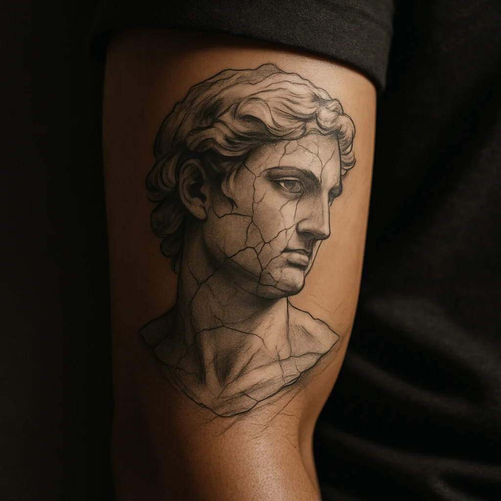 Greywash Greek statue bust with cracked marble filling a man's inner forearm