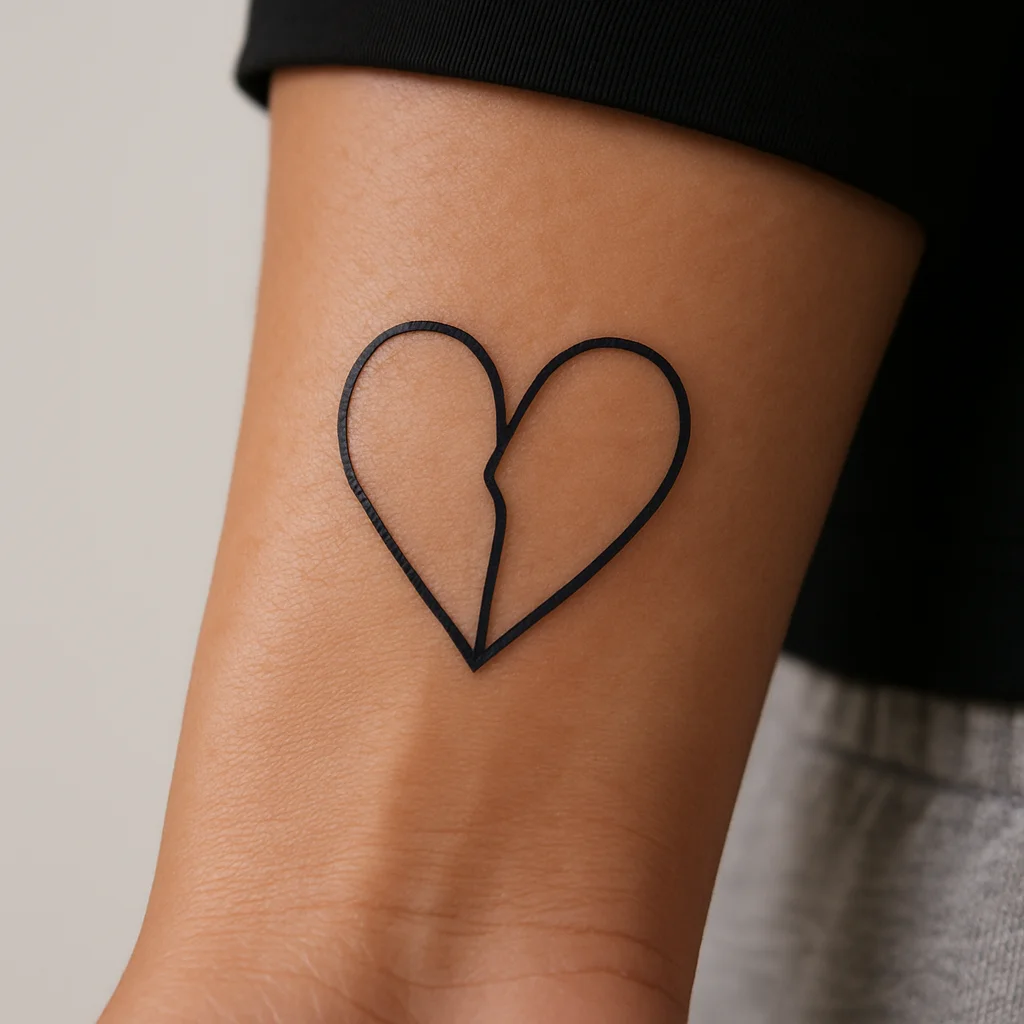Half a heart outline with a clean straight edge tattooed on the side of the wrist