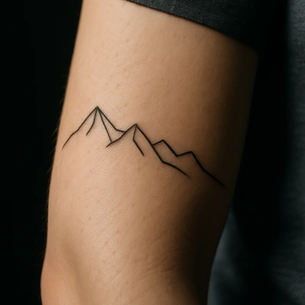 Half a minimalist mountain ridgeline tattooed on the outer forearm to match a second half
