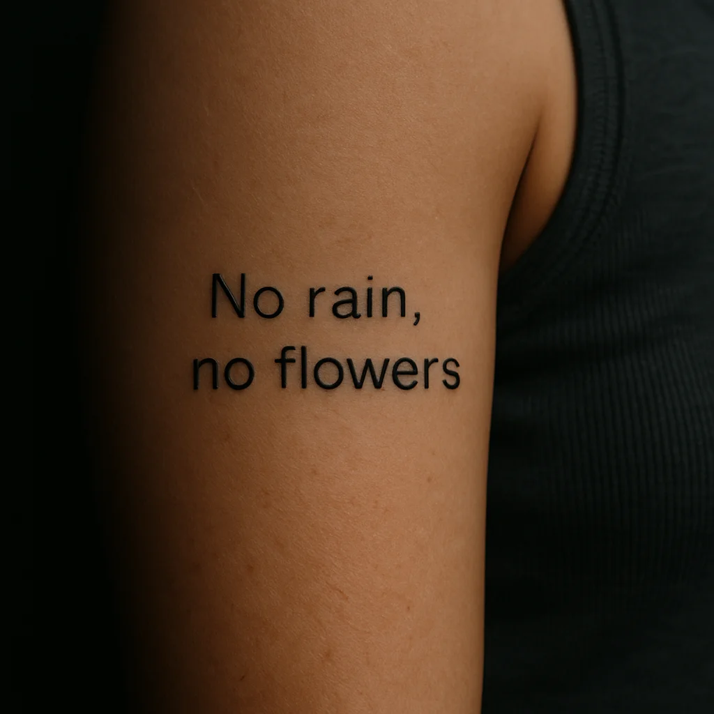 Half of a split phrase tattooed in clean sans-serif lettering on the inner upper arm