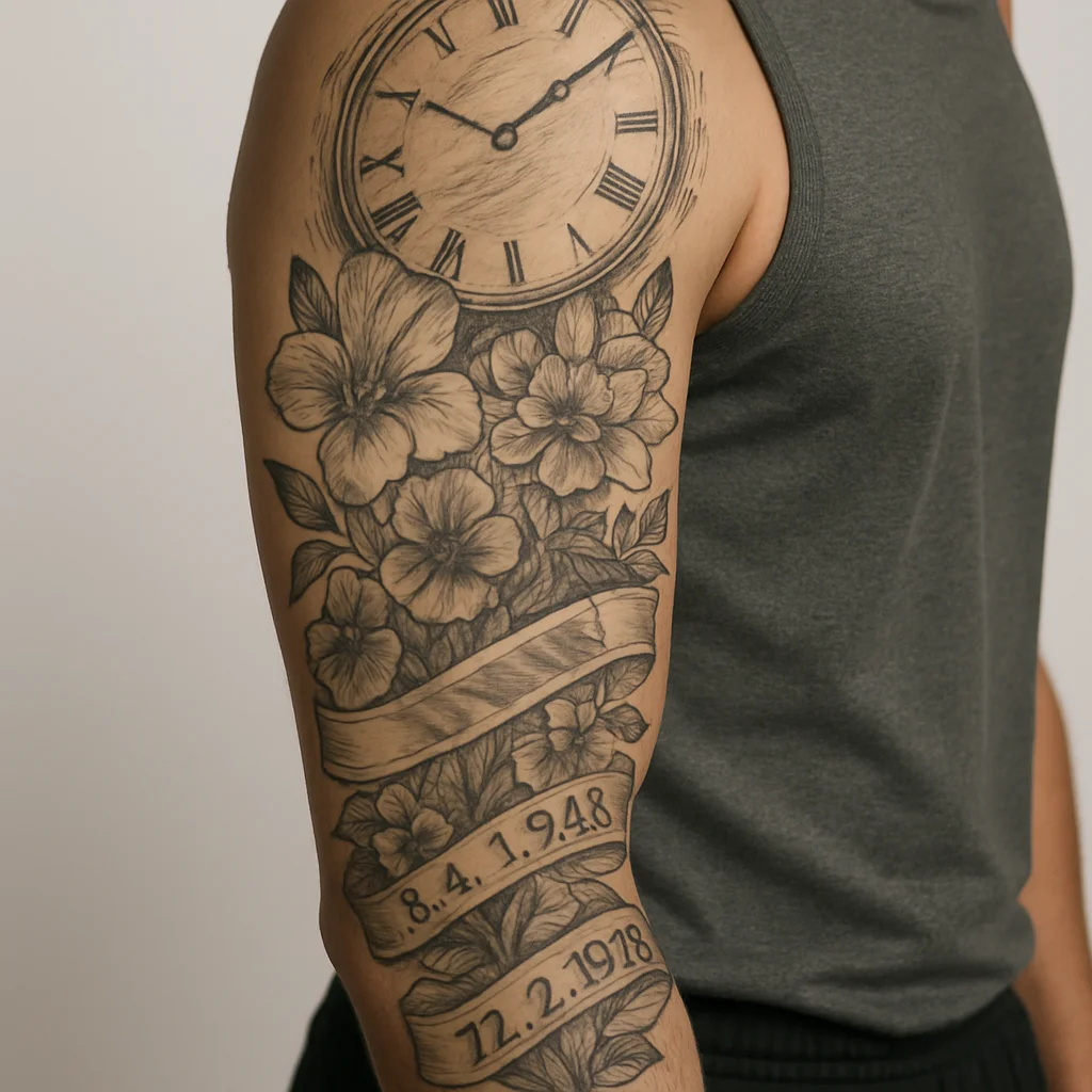 Half-sleeve family tattoo with clock face, birth-month flowers, name banners and birthdates