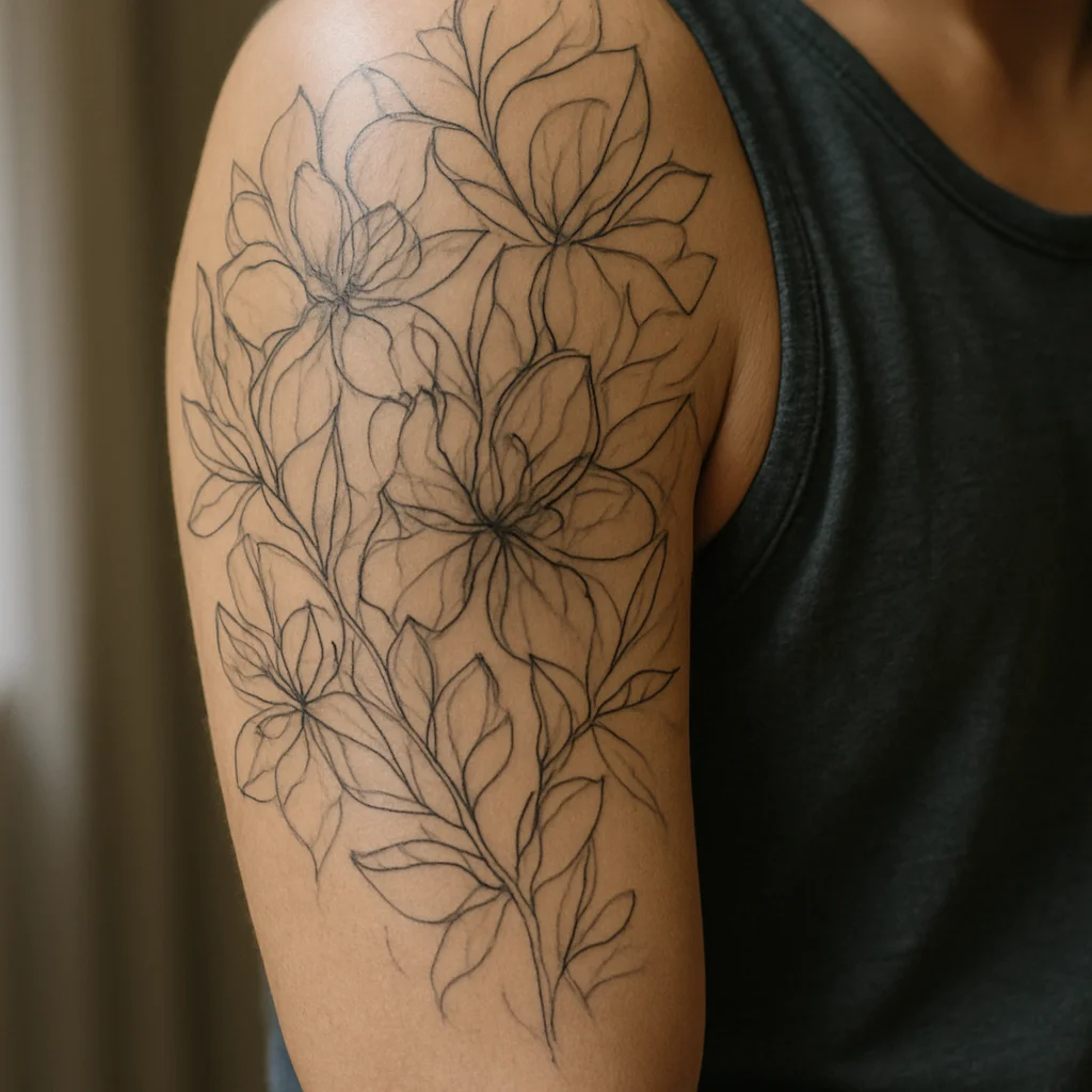 Half sleeve layout from shoulder cap to elbow with a soft floral fade border in illustrative style on the upper arm