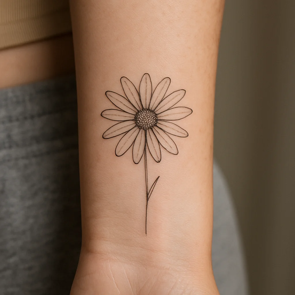 Hand-drawn simple daisy redrawn at medium line weight and tattooed on the inner wrist