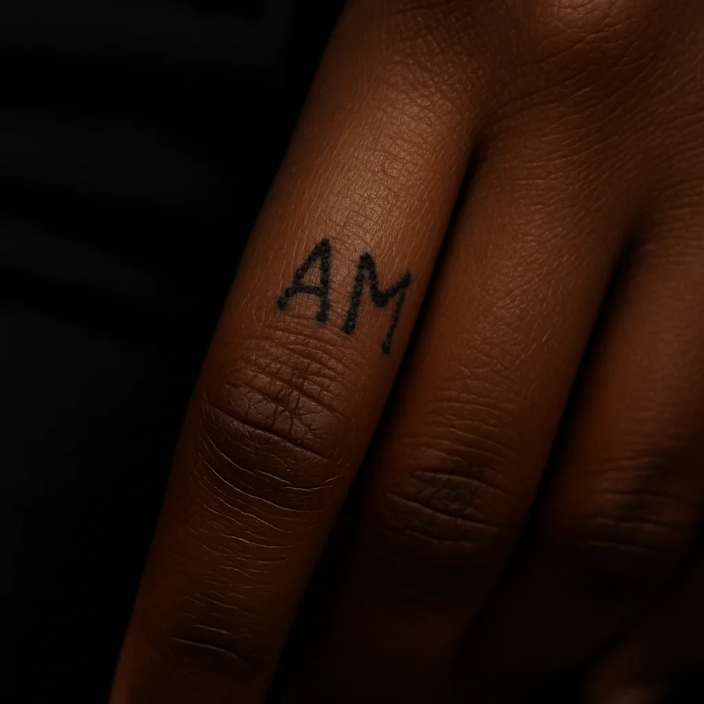 Hand-poked initials tattooed on a finger in shallow uneven black, quick to fade under laser removal