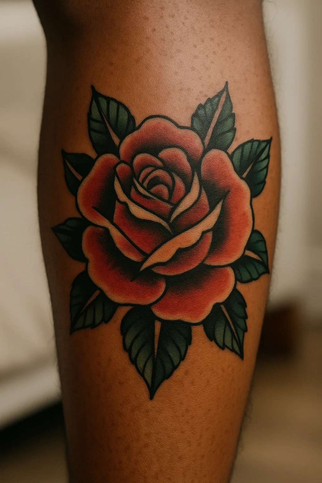 Hand-sized traditional rose with solid colour packing tattooed on the calf