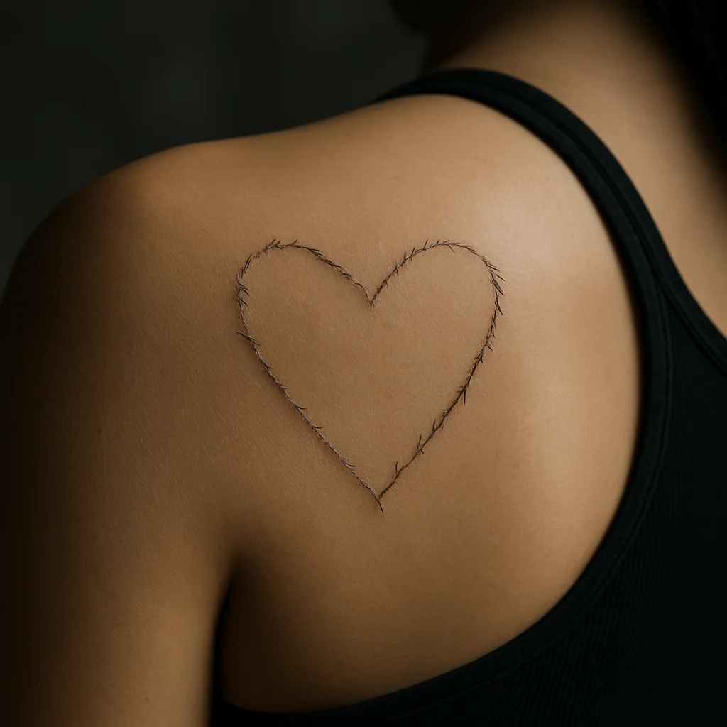 Handwriting curved into a heart shape tattooed fine-line on the shoulder blade