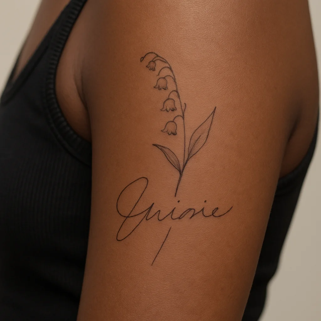 Handwriting script tattoo with a small lily of the valley sprig on the upper arm