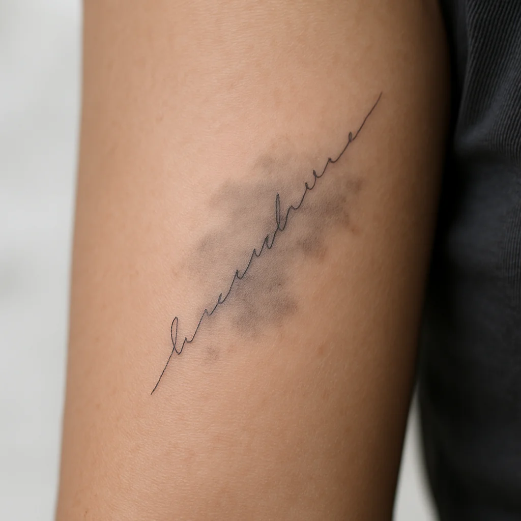 Handwriting script tattoo woven through grey cloud wash on a woman's inner forearm
