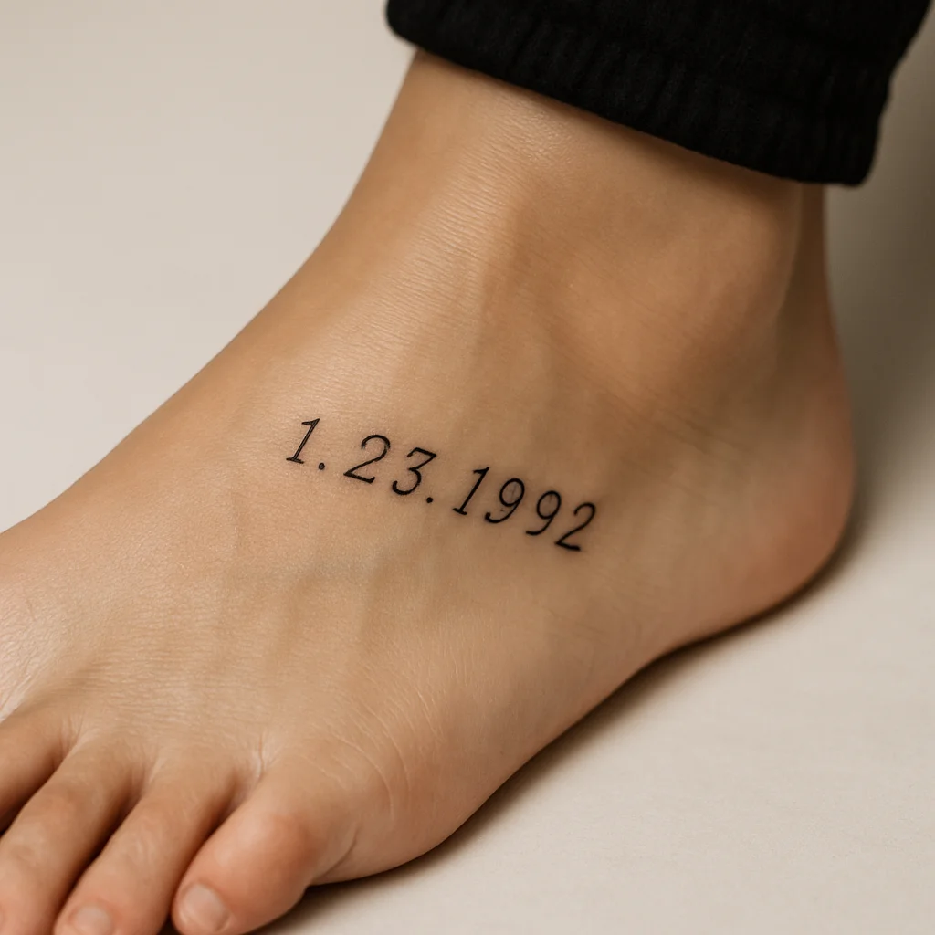 Handwritten date in a mother's numerals tattooed in fine-line script on the top of the foot
