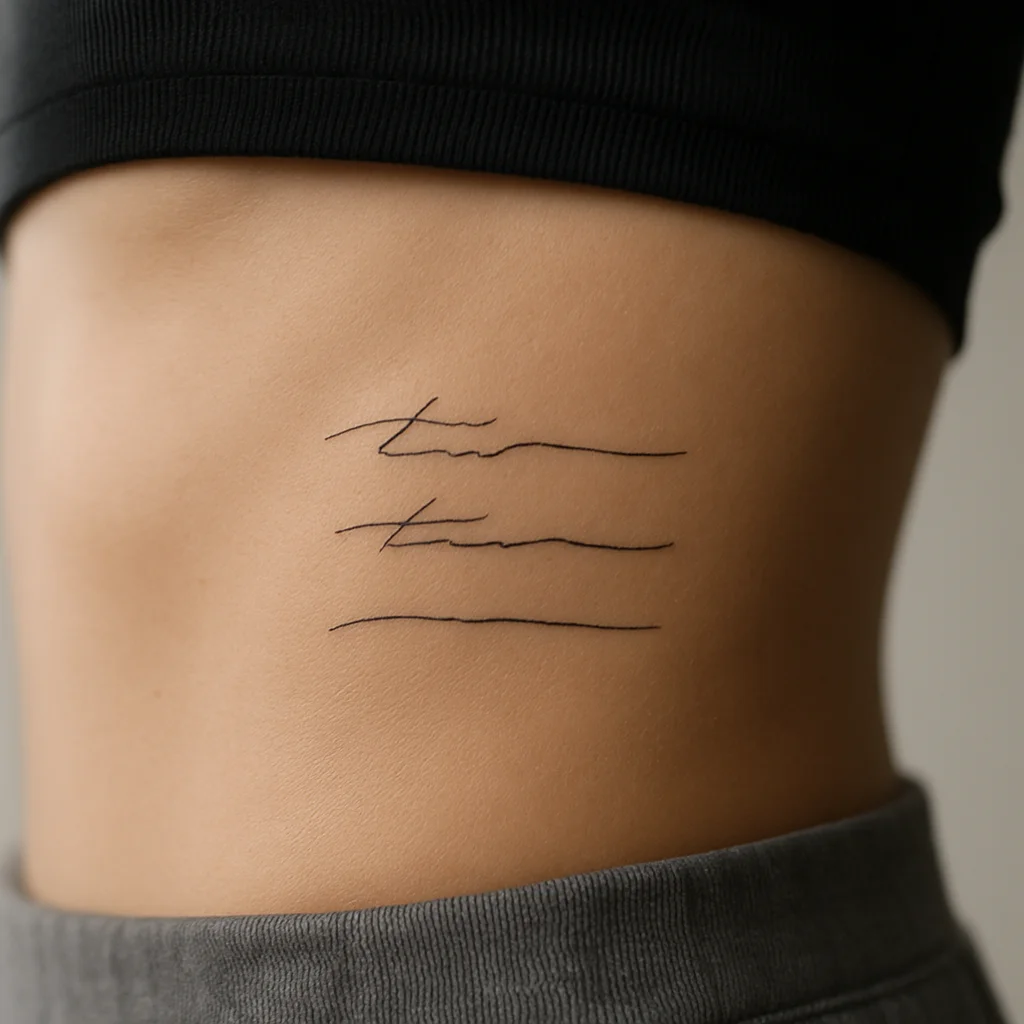 Handwritten envelope address in three stacked lines tattooed on the side of the ribcage