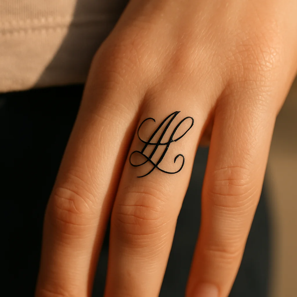 Handwritten looped initials tattooed in minimalist style on the side of a finger