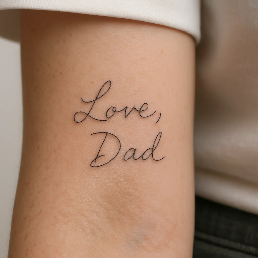 Handwritten Love Dad sign-off from a birthday card tattooed fine-line on the inner forearm