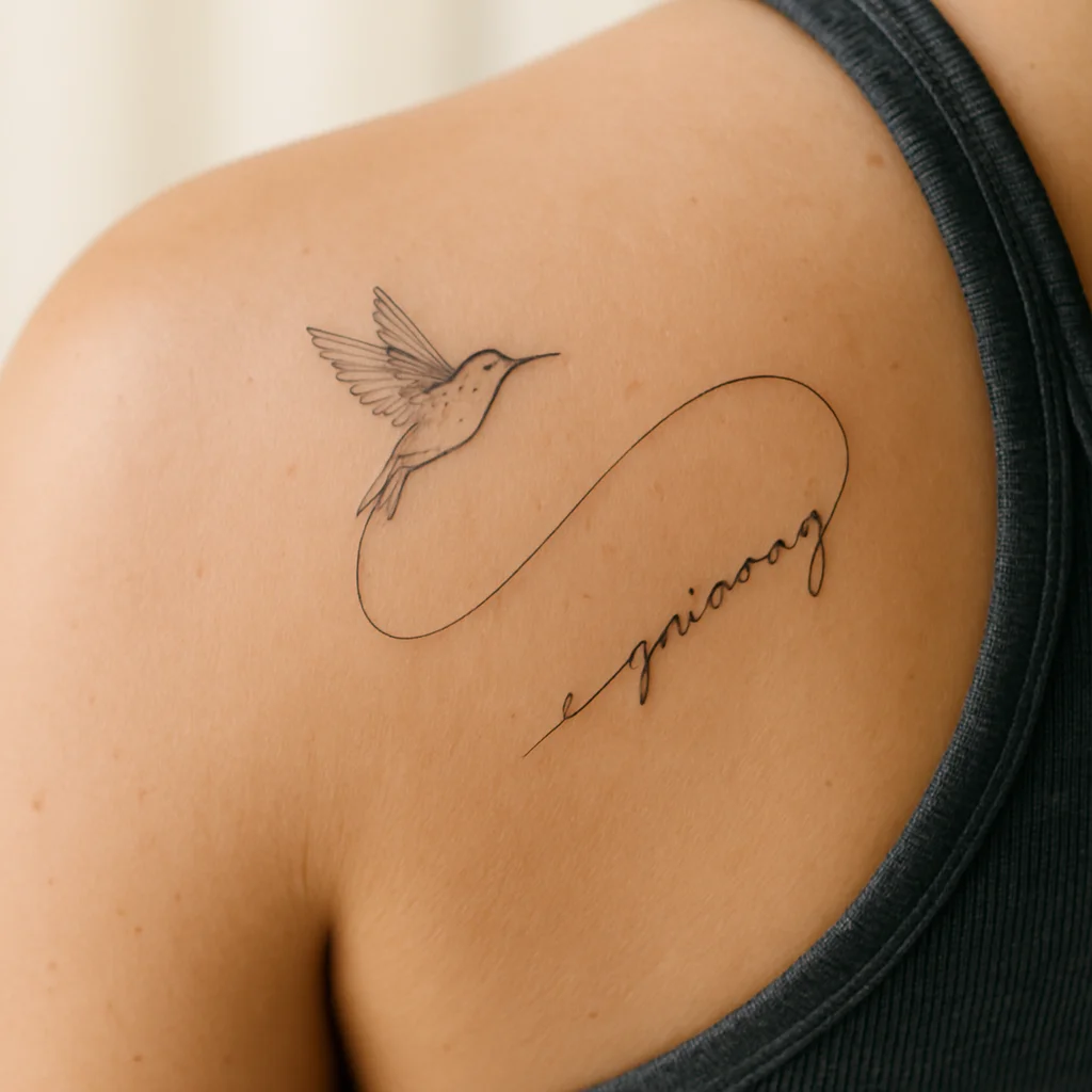 Handwritten phrase along a hummingbird flight path, fine-line tattoo on the shoulder blade