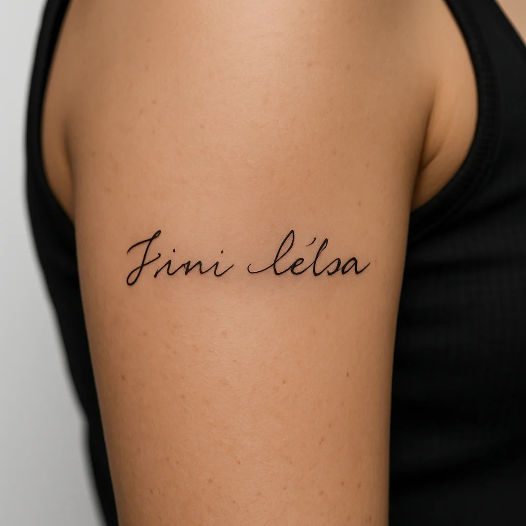 Handwritten phrase in a mother's first language tattooed in fine-line script on the upper arm