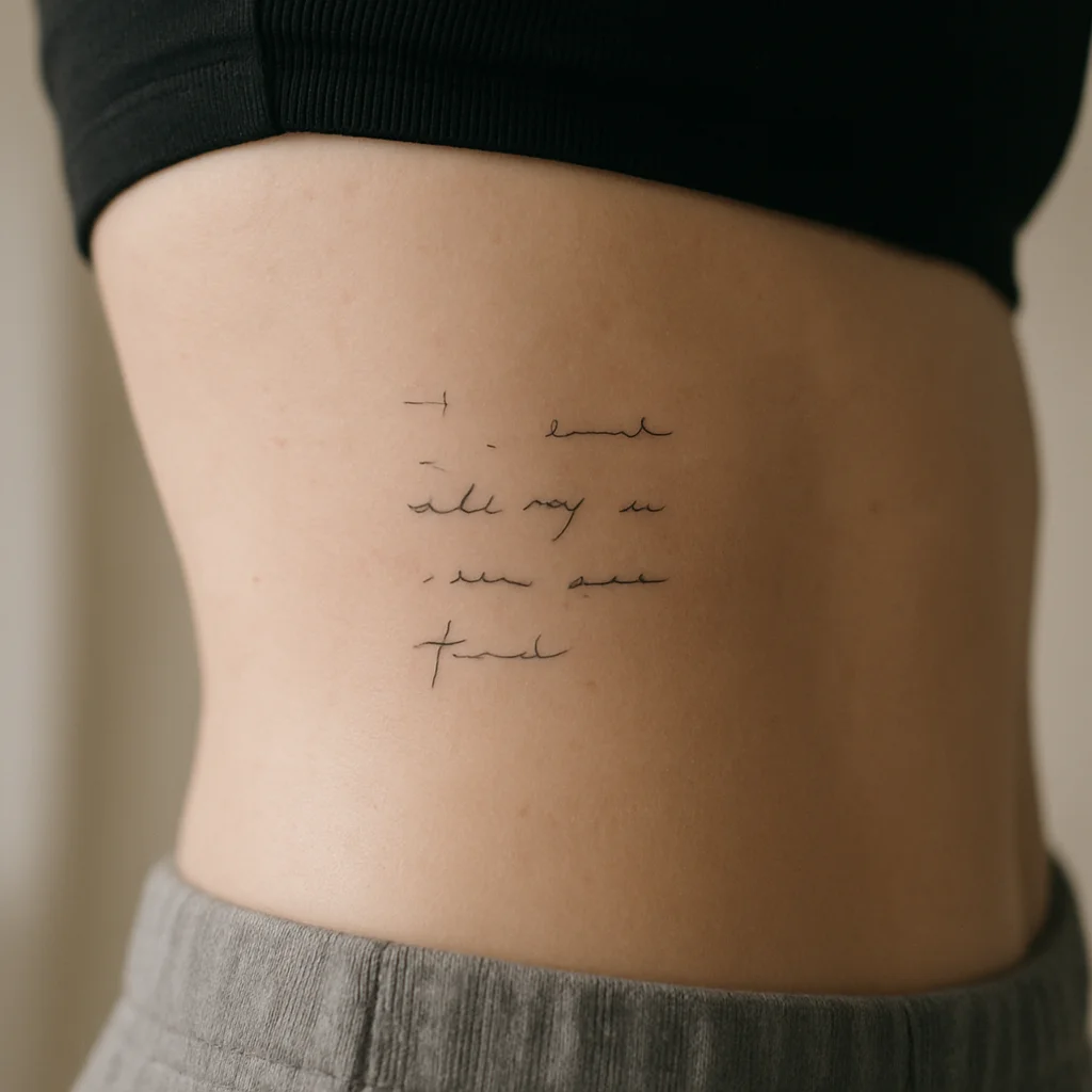 Handwritten phrase tattoo in a father's print running along the side of the ribcage