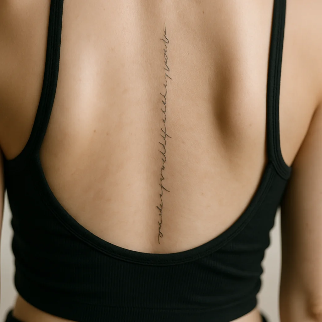 Handwritten sentence from a letter tattooed vertically down the spine in fine-line script