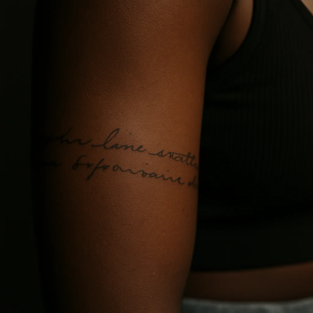 Handwritten sentence wrapping the upper arm as a fine-line script armband tattoo