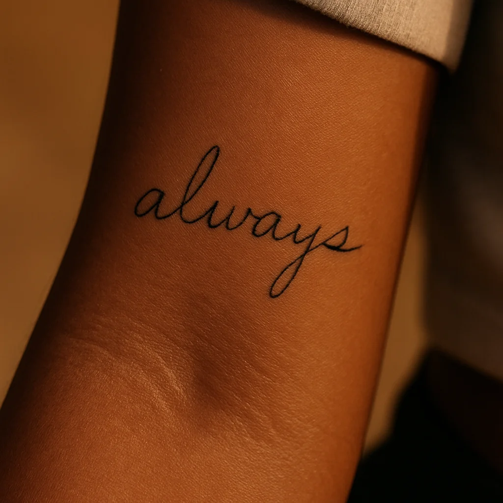 Handwritten word always traced from real handwriting, tattooed on the inner forearm