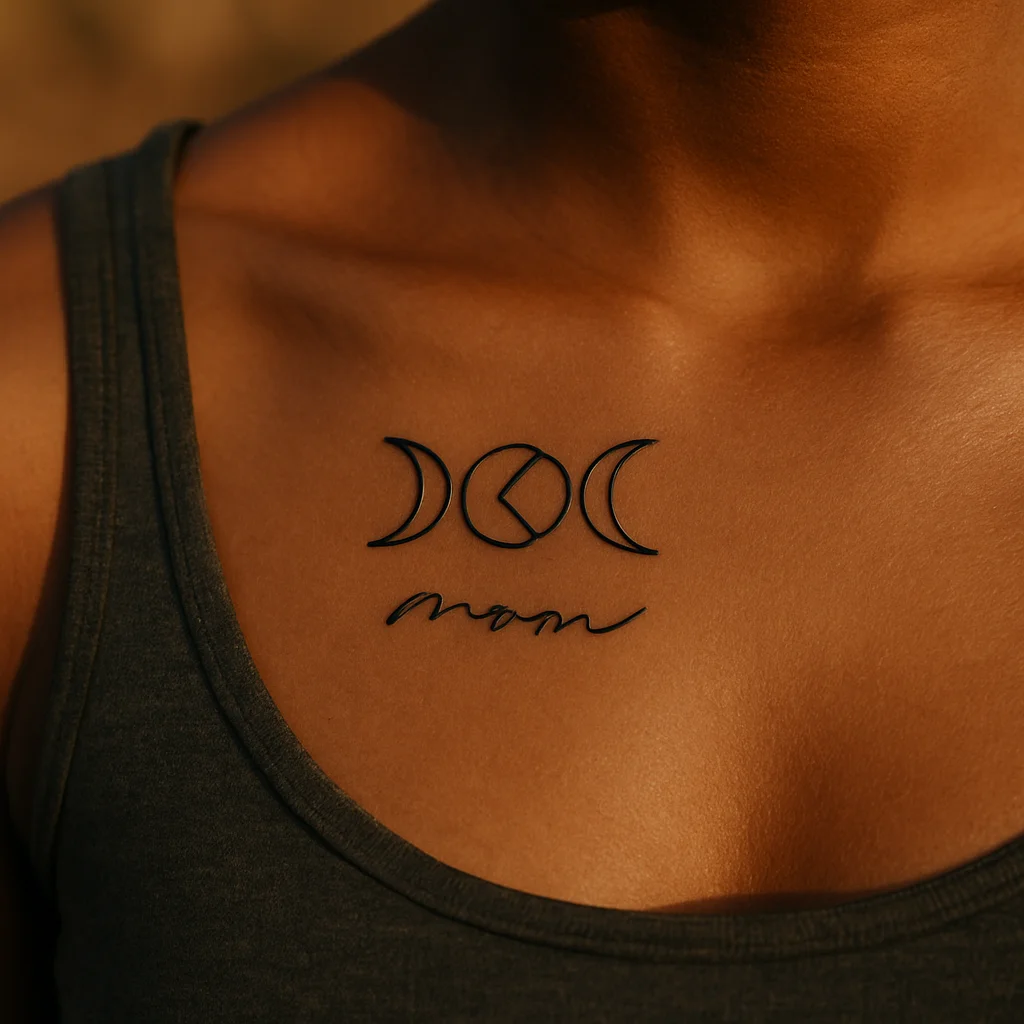 Handwritten word arced under a three-phase moon, geometric tattoo below the collarbone