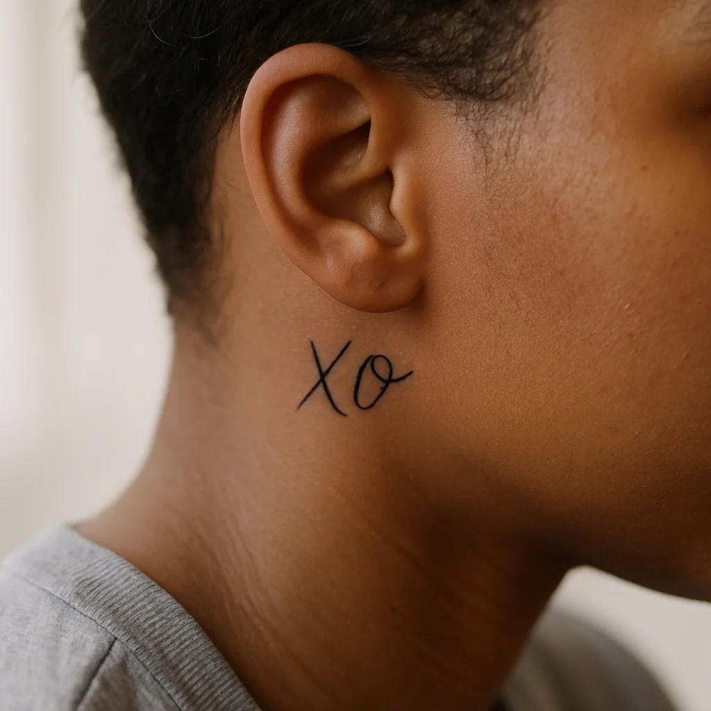 Handwritten xo from a card tattooed in fine-line style behind the ear