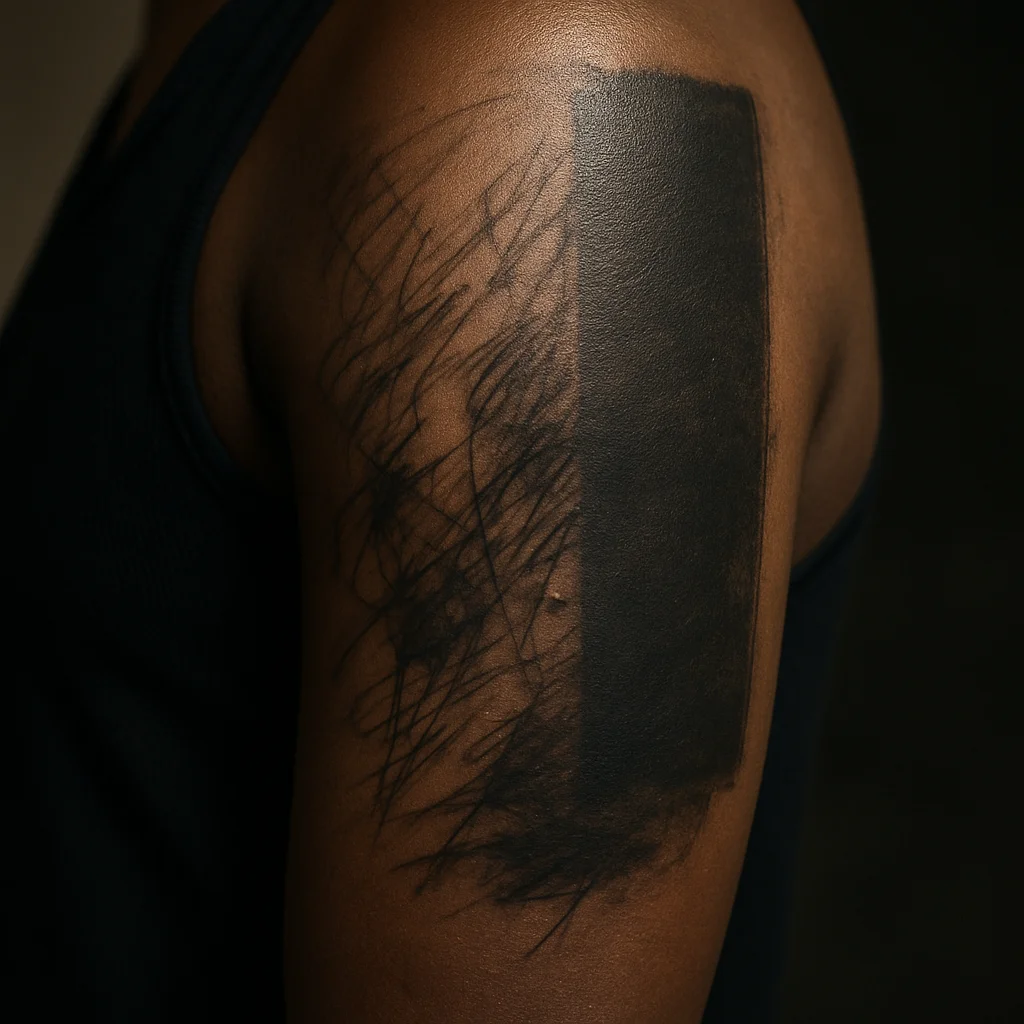 Healed black and grey upper arm tattoo showing a full tonal range from bare skin to solid black