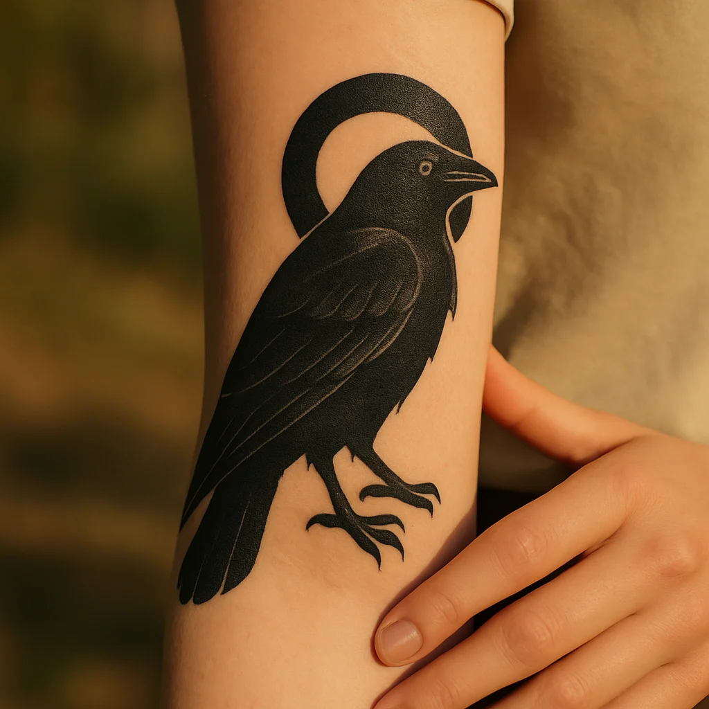 Healed blackwork raven tattoo with negative-space moon on a man's outer forearm in daylight