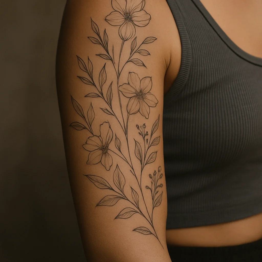 Healed fine-line botanical half sleeve with crisp linework from shoulder to elbow on the upper arm