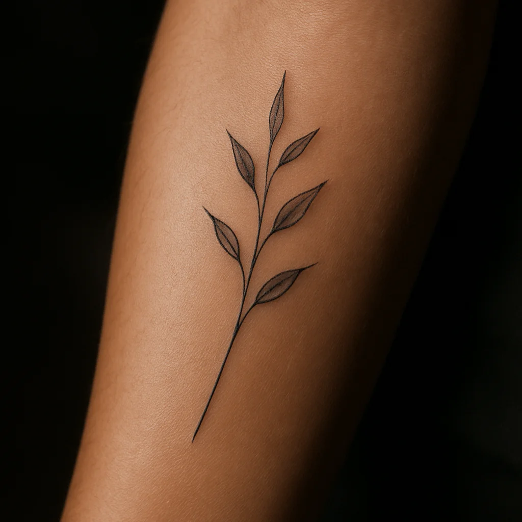 Healed fine-line botanical stem with few leaves and even line weight on inner forearm