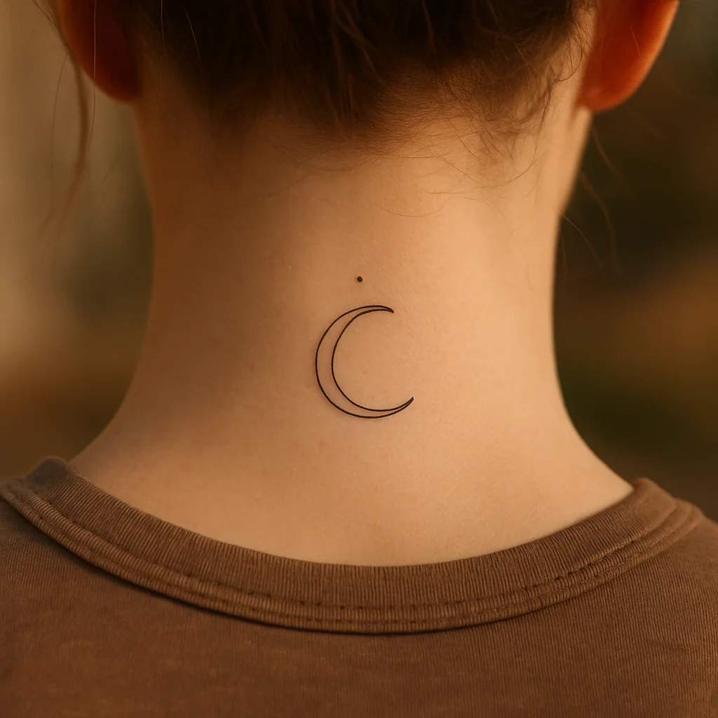 Healed fine-line crescent and dot tattoo at the base of the hairline on the nape