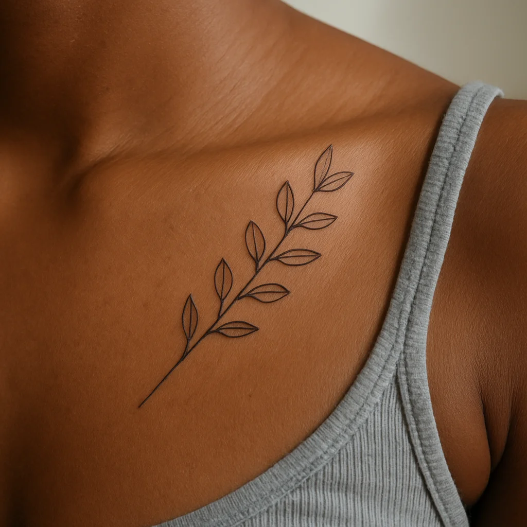 Healed fine-line eucalyptus sprig with widely spaced leaves along the collarbone